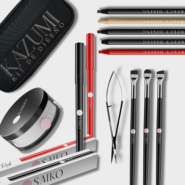 Kit Diseño 9 Saikou PREMIUM  Boli  Rojo + Boli Negro + 5 Lápices, Polvos selladores + 3 Pinceles + Tijeras  10%OFF –  Neceser De Regalo