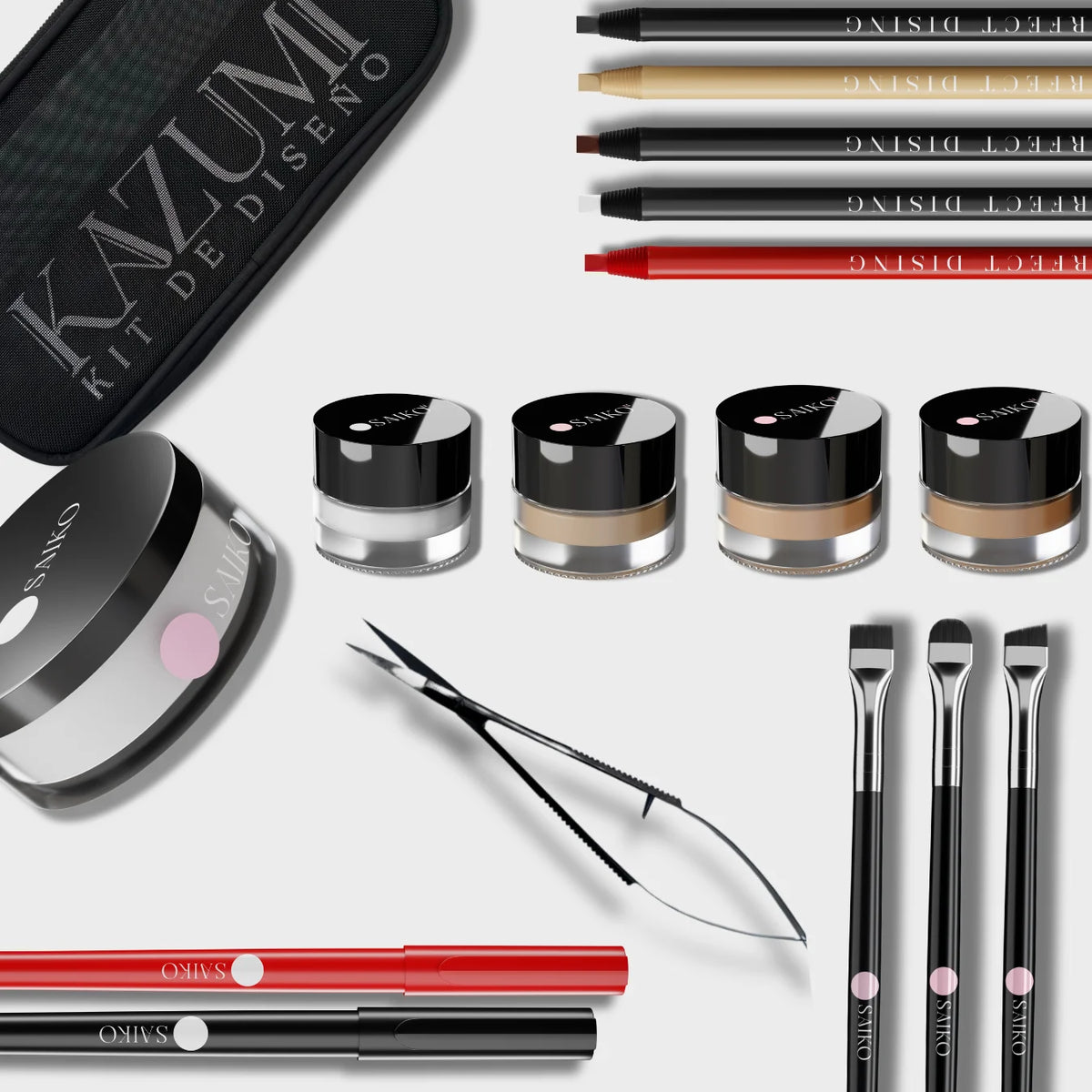 Kit Diseño 10 Saikou PREMIUM 10% OFF   Boli  Rojo + Boli Negro + 5 Lápices, Polvos selladores + 3 Pinceles + Tijeras  + 4 Correctores –  Neceser De Regalo